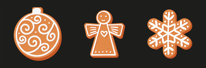 Set of Christmas or New year's gingerbread. The carvings are decorated with icing sugar. Vector stock flat illustration isolated on a black background.