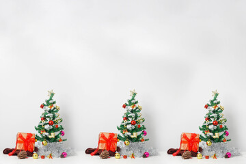 Christmas composition with decorations and gift box with bows on white background. winter, new year concept. Flat lay, top view, copy space.