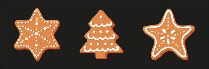 Set of Christmas or New year's gingerbread. The carvings are decorated with icing sugar. Vector stock flat illustration isolated on a black background.