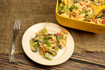 Vegetable salad with prawns and pine nuts. Homemade food. Close up.
