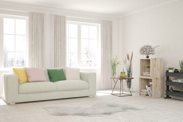 White living room with sofa and winter landscape in window. Scandinavian interior design. 3D illustration