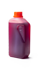 studio lighting. filmed on a white background. A plastic canister contains pink oil. Close-up.