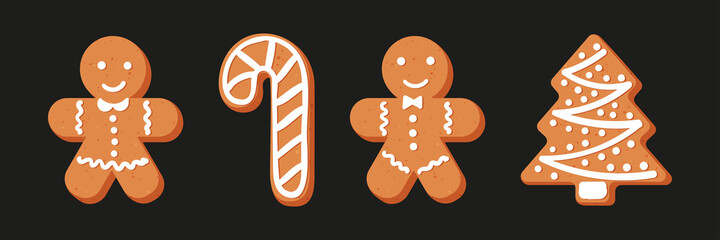 Set of Christmas or New year's gingerbread. The carvings are decorated with icing sugar. Vector stock flat illustration isolated on a black background.