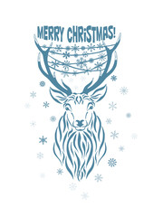 Christmas card with deer. Deer with snowflakes in the antlers. Vector illustration