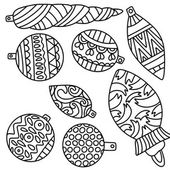 Fototapeta premium Eight detailed ornamental christmas decor balls vector coloring page. Merry Christmas and happy new year different tree decor elements. Winter holidays printable square worksheet for coloring and fun