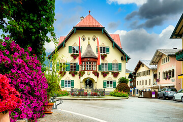 St. Gilgen Rathaus or Town Hall building in the centre of St Gilgen village, Salzkammergut region...