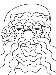 Santa Claus portrait coloring page stock vector illustration. Funny winter cartoon character Santa with xmas hat, glasses, big beard and mustaches. Merry Christmas coloring page for adults and kids.