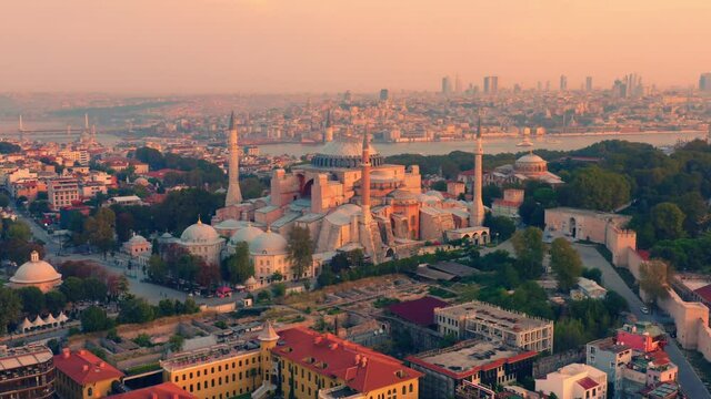 Istanbul, Hagia Sophia (Ayasofya) with a Golden Horn on the background at sunset. Aerial view