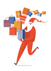 Fototapeta premium Santa coming soon . Christmas Winter Sale . Banner Design Template. Christmas shopping . Flyer, poster. Vector illustration. Santa and Christmas gifts on the white background.