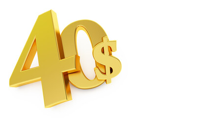 Golden forty Dollar sign isolated on white background, 30 dollar price symbol. 3D render, 40$
