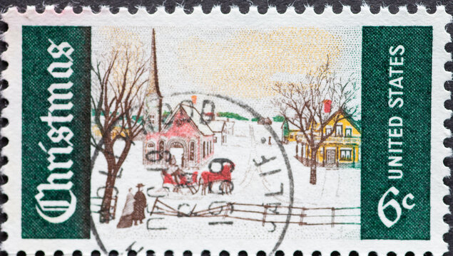 USA - Circa 1969 : a postage stamp printed in the US showing the picture „Winter Sunday in Norway, Maine“