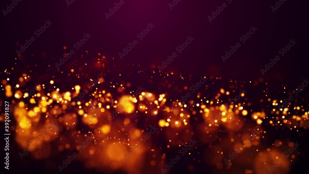 Poster golden red glow particles flicker and float in viscous liquid with amazing bokeh. fantastic backgrou