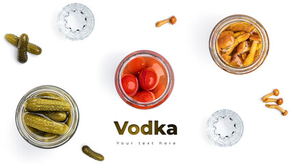 Vodka, glasses and pickles on a white background. Long header banner format. Panorama website header banner. High quality photo