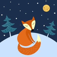 Cute fox vector character design. Postcard for the New Year.
