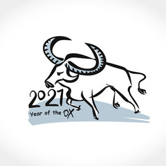 Year of the Ox in Chinese zodiac. Postcard with a white bull. Black ink brush calligraphy symbol of the year 2021. Vector element for New Year's design in flat style. Illustration of 2021 year of the 