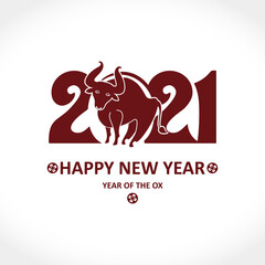 Year of the Ox in Chinese calendar. Card for Chinese New Year. Vector template for New Year's design in flat style. Illustration of 2021 year of the Ox.