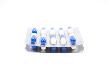 Blister packs of pills isolated on white background. Tablets in packaging.