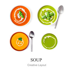 Flat lay composition with various soups isolated on white background. Pumpkin, spinach, pea  and tomato spanish gazpacho  Top view