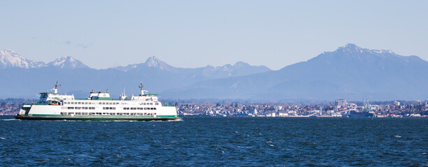 Washington State Ferry Passes By Everett on the Way to Mukilteo - obrazy, fototapety, plakaty