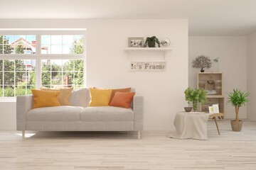 White living room with sofa and summer landscape in window. Scandinavian interior design. 3D illustration