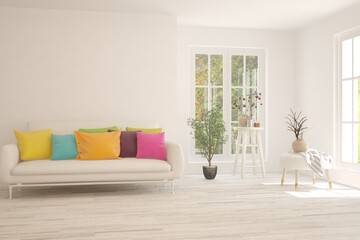 White living room with sofa. Scandinavian interior design. 3D illustration