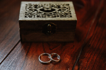 wedding rings in a box on the table. silver wedding bands