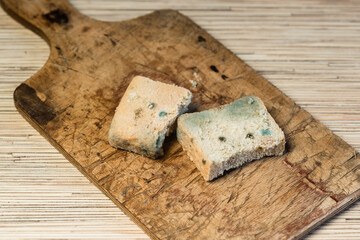 On an old wooden cutting Board are two slices moldy inedible bread. Green mold