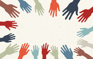 Fototapeta premium Group raised human arms and hands.Diversity multiethnic people. Racial equality. Men and women of different culture and countries. Coexistence harmony. Multicultural community. Copy space