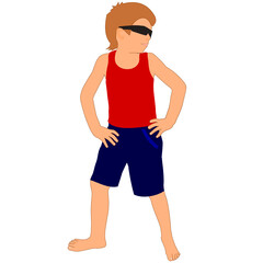 boy in black glasses, blue shorts, and a red t-shirt is standing barefoot with his head turned to the left. Vector illustration on white background isolated