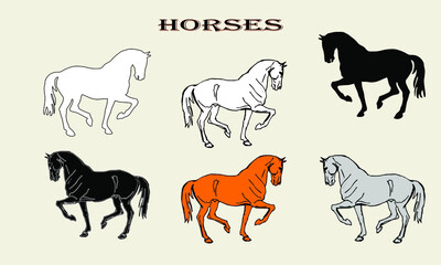 set of isolated drawings and silhouettes of a prancing horse, doodles