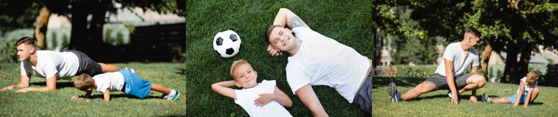 Collage of father and son in sportswear lying on grass near ball, doing planks and lunges in park, banner