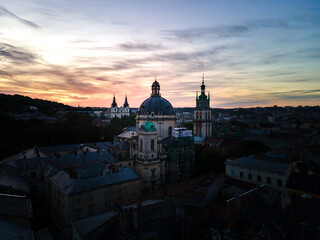 Fototapeta na wymiar aerial view of Lviv city on sunrise