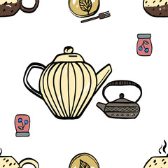natural pattern of cartoon teapot and cups, pattern for fabric, vector illustration, tablecloth