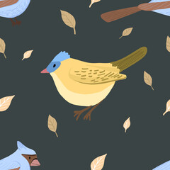 natural bird pattern, fabric pattern, cartoon bird illustration, vector image