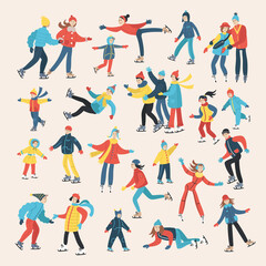 Fototapeta na wymiar Vector cartoon set on the theme of sport, figure skating, pastime, hobby. People and children skating. Colorful isolated templates and sketches for use in design