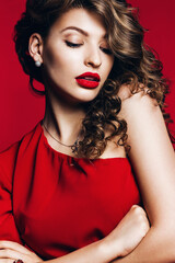sexy hot woman in red dress with red lips