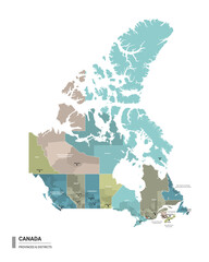 Canada higt detailed map with subdivisions. Administrative map of Canada with districts and cities name, colored by states and administrative districts. Vector illustration.