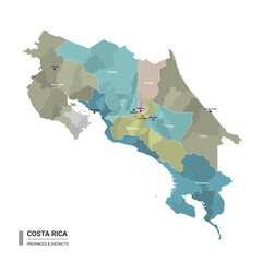 Costa Rica higt detailed map with subdivisions. Administrative map of Costa Rica with districts and cities name, colored by states and administrative districts. Vector illustration.