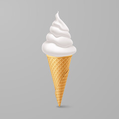 Delicious Vanilla Ice Cream in Waffle Cone. Street Fast Food, Sweet Milky Dessert Creative illustration Isolated on Gray Background