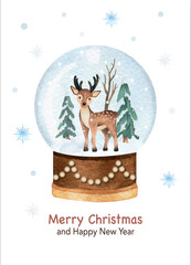 Christmas and New Year watercolor postcard with  snowball globe with deer and snow flakes