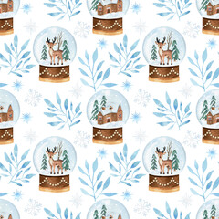 Christmas watercolor vector seamless pattern with snowball glob and branches