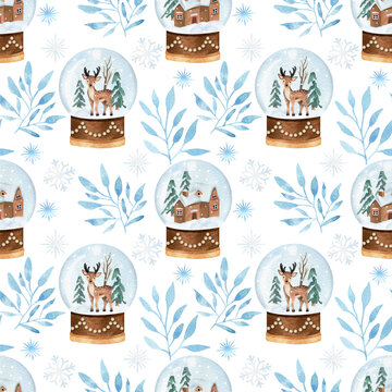 Christmas watercolor vector seamless pattern with snowball glob and branches