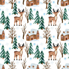 Christmas watercolor seamless pattern with dee,  pine trees and houses