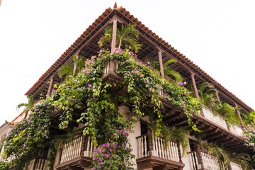 Fototapeta na wymiar Jardín colgante en casa de Cartagena, Colombia. Centro histórico