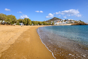 View of beautiful sandy Logaras beach with azure sea water on coast of Paros island, Greece