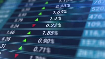 Animation of stock market data rolling and processing over a grid. Digital screen with stats, number of sales, percentage, growth and decline. Abstract financial background. - Powered by Adobe