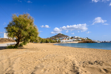 Fototapeta na wymiar View of beautiful sandy Logaras beach with azure sea water on coast of Paros island, Greece