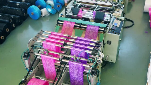 Top View Of A Colourful Plastic Bag Production Line At A Modern Polyethylene Production Factory