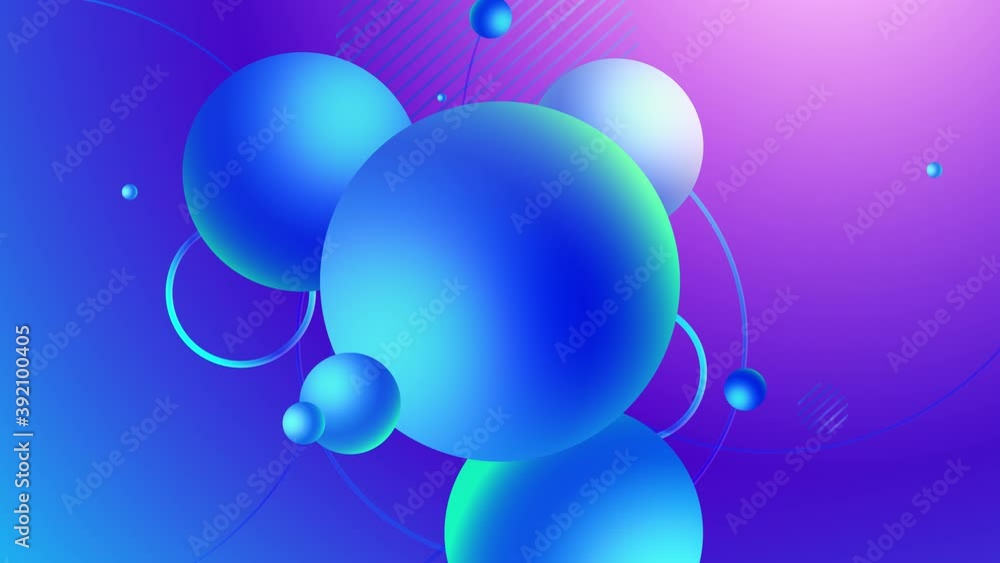 Poster blue balls and circle rings with smooth movement on a gradient background. 3d rendering