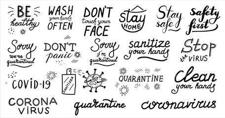 Set of hand lettering messages for stay home campaign. Protect from Coronavirus or Covid-19 epidemic, hashtags in speech bubbles. Self-isolation, quarantine phrases for social media, stickers, tags.